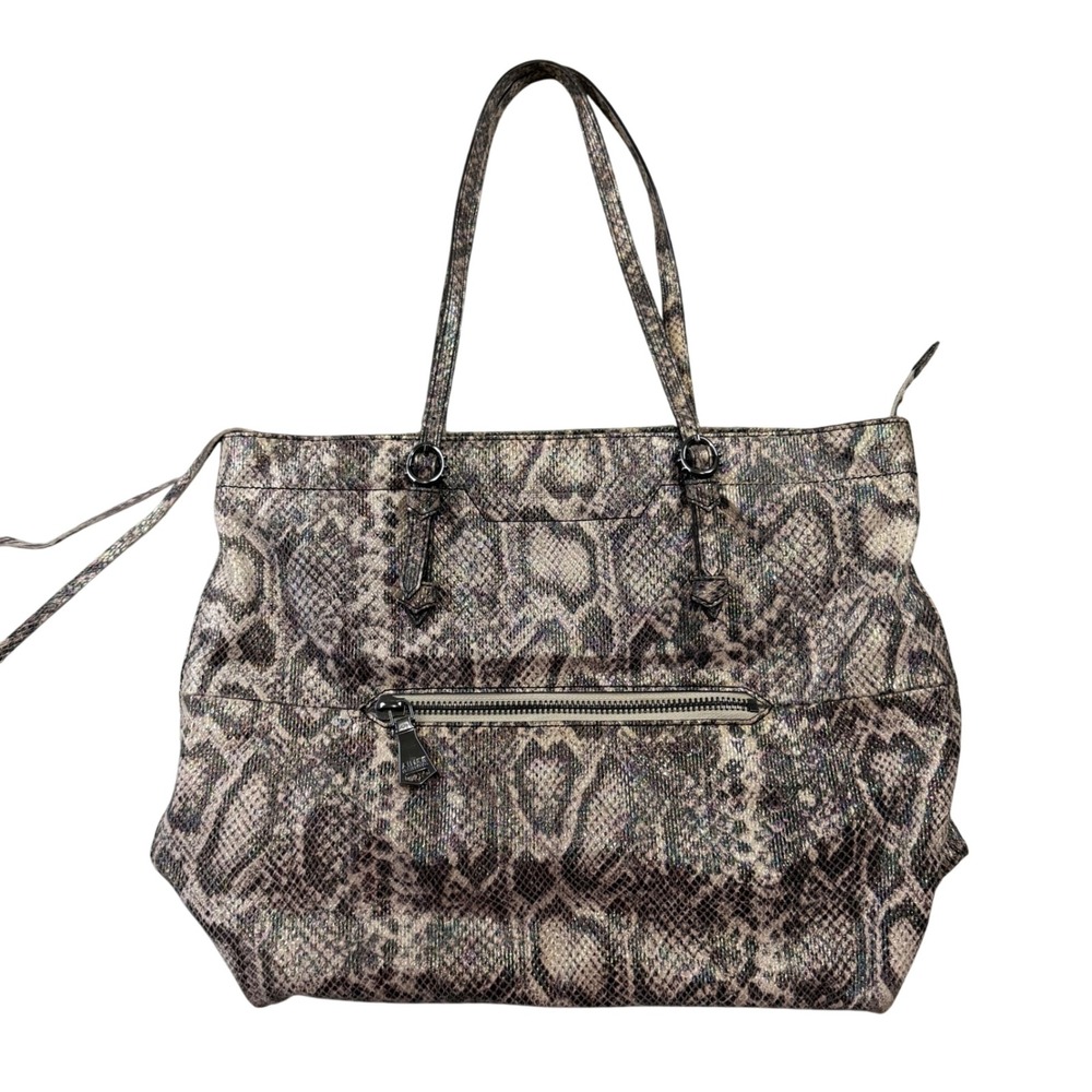 Aimee Kestenberg Metallic Snakeskin Leather Tote Bag Silver Hardware Zip Pocket